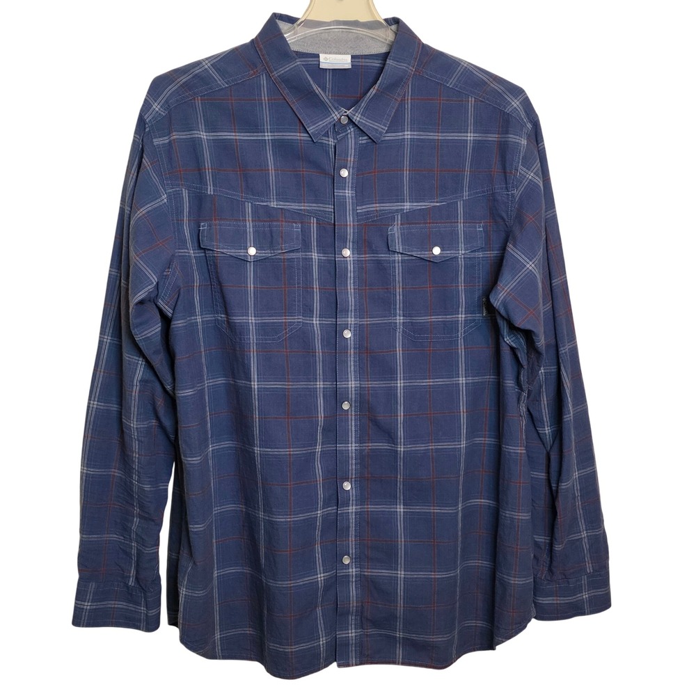 Columbia Mens XL Blue Plaid Button Down Long Sleeve Shirt Relaxed Fit Casual‎